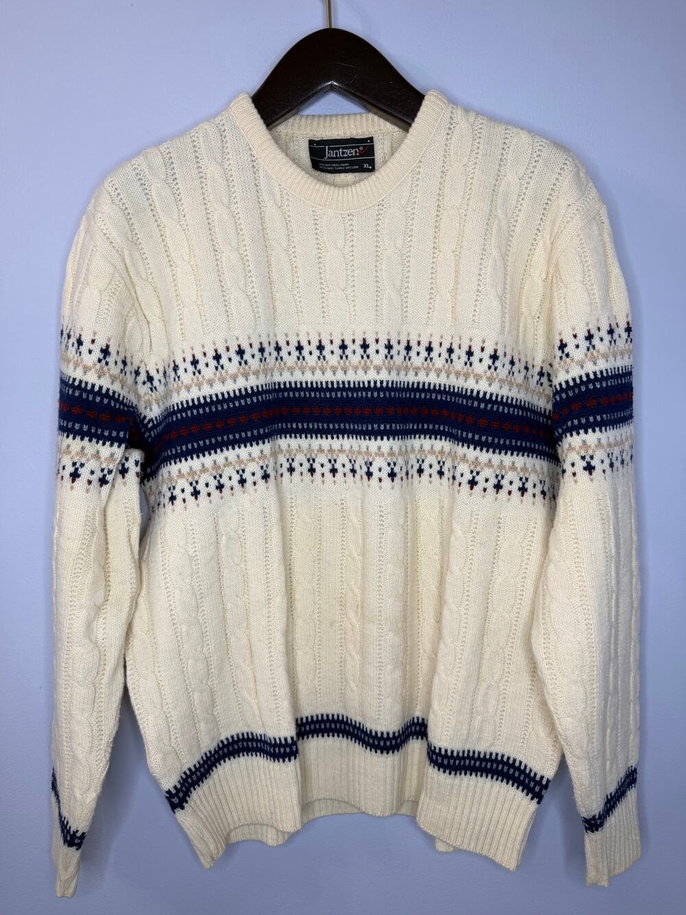 Vintage Jantzen Fair Isle Sweater Wool Blend Cable Knit Sz XL